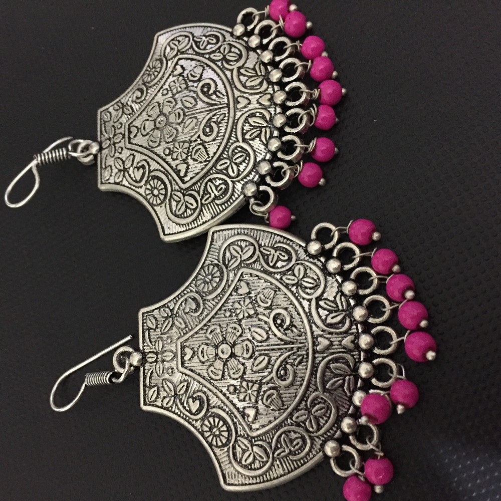 German Silver Pink Beads loop earrings