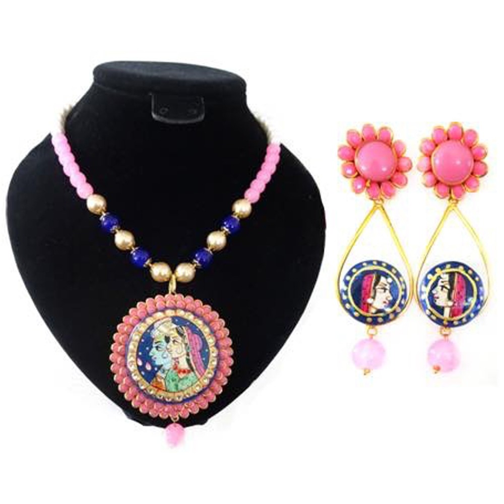 Tanjore art pink pachi necklace