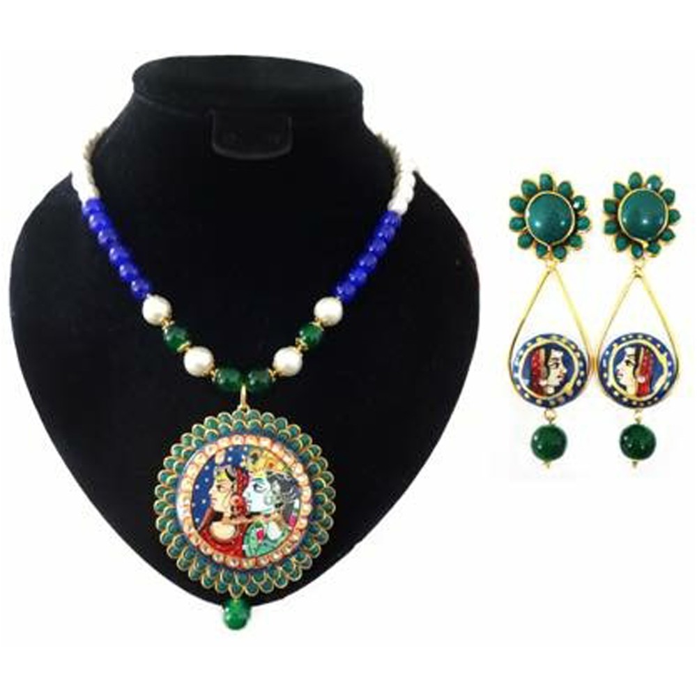 Green Tanjore art pachi necklace