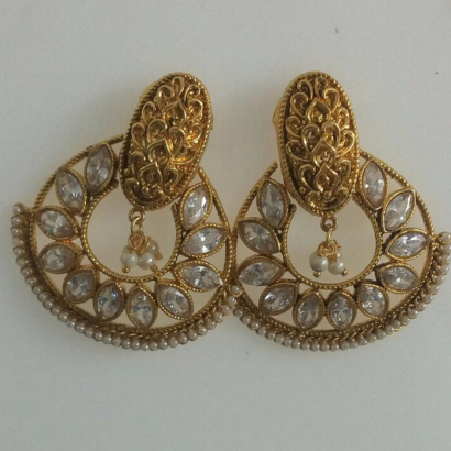 Gold Finish Earrings - White Stone