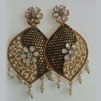 Gold Finish Earrings - Pearls & Stone